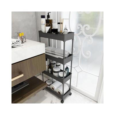 China 3 Wheels Metal Rolling Tire Baskets Bathroom Storage Serviceable Rack Slotted Shelf With Shelves Removable Kitchen Trolley Cart for sale