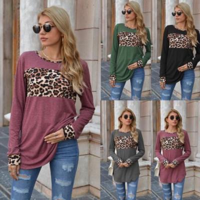 China Wholesale QUICK DRY loose spring women's casual patchwork blouse ladies sheath long blouses round collar ladies leopard tops for sale