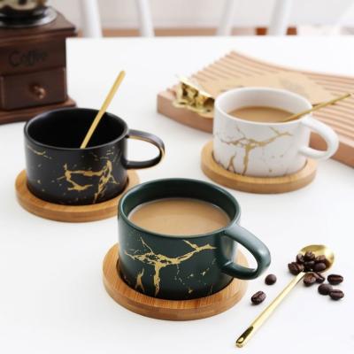 China 180ml European Creative Custom Made Marble Cup Vintage Style Tea Cup Viable Wholesale Customized Ceramic Coffee Mug With Wooden Saucer for sale