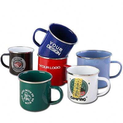 China Viable custom logo wholesales custom logo reusable rolled metal tin steel enamel camping sublimation coffee tea cup rolled mug with handle for sale