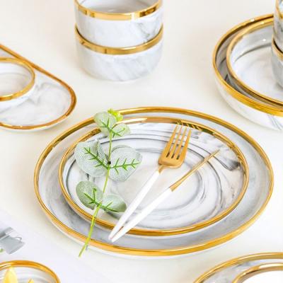 China Sustainable Luxury Porcelain Ceramic Bowls Dishes Gold Marble Rim Dinnerware+Sets Dish Ceramic Dinner Set For Wedding Event for sale