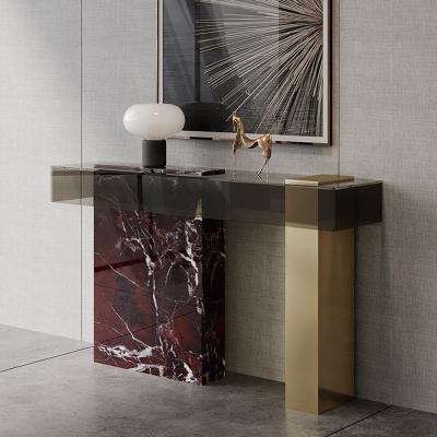 China Luxury Natural Marble Glass Console Table Low Tempered Glass Stainless Steel Gold Corner Corridor Console Table for sale