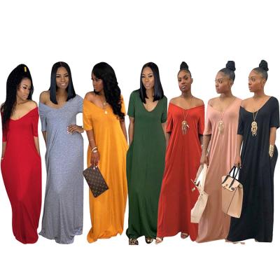 China Solid Color Breathable Loose Shoulder Women Maxi Dresses Long Sleeve Short Sleeve Pocket Dresses Casual Women for sale