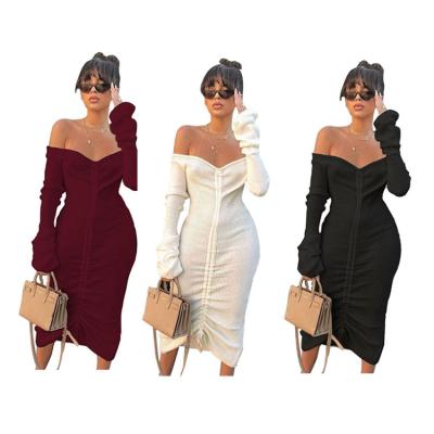 China Autumn and winter Amazon new breathable ladies dress sexy shoulder long sleeve mid length clothes women dress for sale