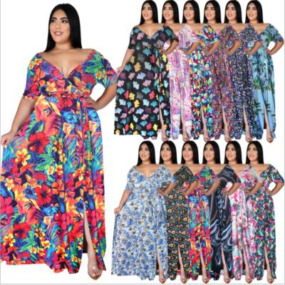 China 2021 Summer Viable Beach Plus Bohemian Floral Print Sun Dress V-Neck Sleeve Short Skirt Plus Size Women Clothing Long Plus Size Long Dress for sale