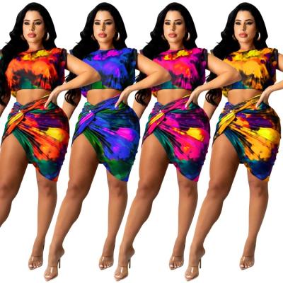 China Fashion Anti-pilling Women's Clothing Asymmetric Tie Dye Sets Women 2 Piece Crop Top Witrth Skirt for sale