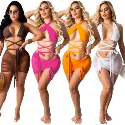 China Anti-wrinkle New Arrival Women Ladies Sexy 3 Piece Swimsuit Hollow Out Bandage Mesh Beach Dress Set for sale