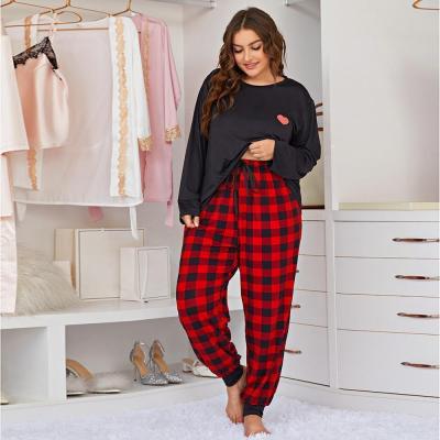 China Breathable Plus Size Black And Red Plaids Custom Artificial Cotton Long Sleeve Tops Nightgown Lady Women Sleepwear Pajama Set for sale