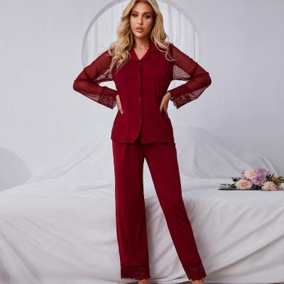 China Custom V Neck Thermal Red Lace Polyester OEM ODM Long Sleeve Tops Nightgown Lady Women Sleepwear Pajama Set for sale