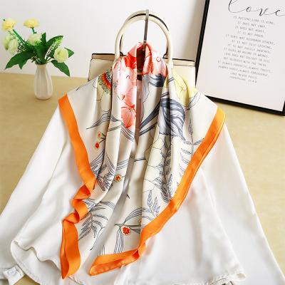 China 2021 manufacturer latest 90x90CM flower soft feeling square scarf fashion printed large square twill silk hijabs women scarf scarves for sale