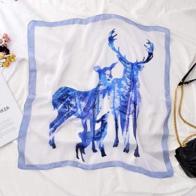 China Multifunctional Cheap Wholesale Bandanas Custom Various Shape 70cm Silk Square Scarves Deer Animal Print Small Scarf Silk Bandanas for sale