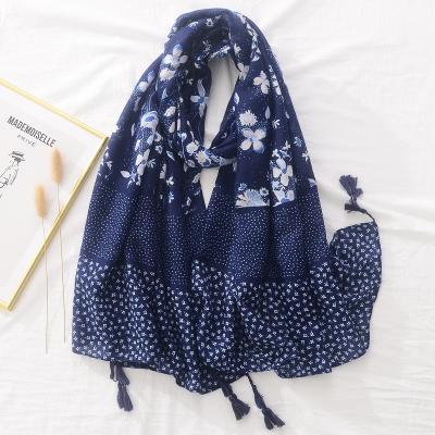 China Factory wholesale 2022 luxury new design navy flower printed fashion wide muslim women scarf shawls floral cotton hijabs soft scarves for sale