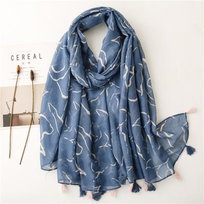 China 2021 New Women's Solid Colors Cotton Scarf Soft Feeling Quality Simple Fancy Smooth Soft Bule Printed Viscous Cotton Shawl Scarf Hijabs for sale