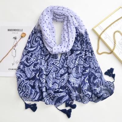 China 2021 Newest Malaysia Women Bule Soft Muslim Hijab Feeling White Cashew Dot Flower Printed Soft Cotton Tassels Viscous Scarf for sale