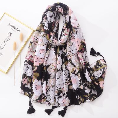 China Soft Touch Feeling Wholesale 2022 Latest Custom Made Elegant Ladies Viscous Scarf With Tassels Women Big Black Flower Scarves Floral Print Hijabs for sale