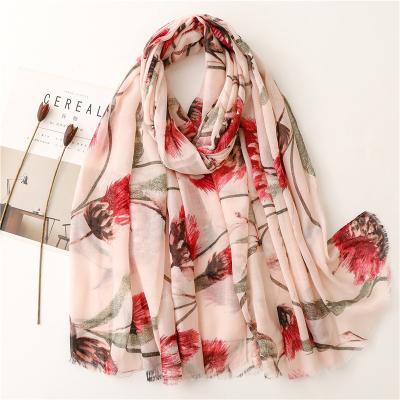 China Newest Wholesale 2022 Soft Smooth Women Custom Soft Feeling Cotton Turban Scarves Shawl Fashion Light Flower Printed Cotton Veil Head Scarf Hijabs for sale