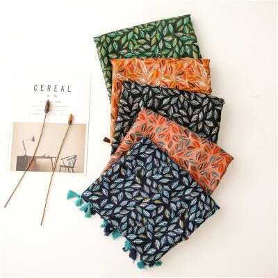 China 2022 New Spring Summer Fashion Ladies Soft Smooth Squishy Women Scarf Women Luxury Feeling Shawls Cotton Long And Flower Canvas Leaf Printed Scarf Tassels for sale