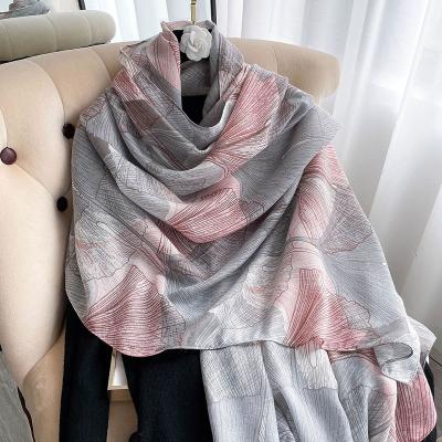 China New Manufacturer 2021 Cotton Hijab Soft Touch Feeling Big Ginkgo Leaf Shawls Muslim 100% Hijab Print Custom Squishy Soft Scarf For Women Scarves for sale