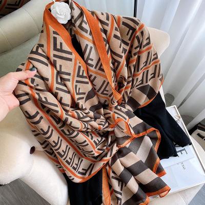 China 2021 Manufacturer Luxury High Quality Selling Soft Touch Feeling Woman Fashion Woman Warm Cotton Wide Shawls Branded Letter Printed Viscous Scarf Hijabs for sale