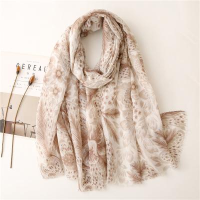 China 2021summer wholesale new arrival light soft touch feeling ladies floral scarves wrap elegant beige flower printed shawl women hijabs for sale