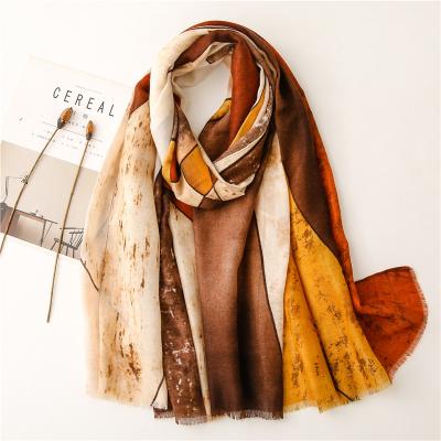 China 2021 Wholesale New Arrival Unique Design Soft Touch Feeling Bright Color Block Pattern Printed Muslim Shawls Women Scarf Cotton Hijab Headwraps for sale