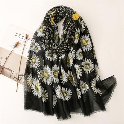 China Wholesale Soft Touch Feeling New Arrival Custom Cotton Long Veil Shawls Muslim Women Daisy Flower Floral Printed Black Hijabs 2021 for sale