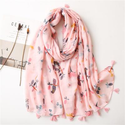 China Wholesale 2021 new accessory design malaysia wearing female tudung printed hijabs soft pink flower birds print scarves for women stylish scarves for sale