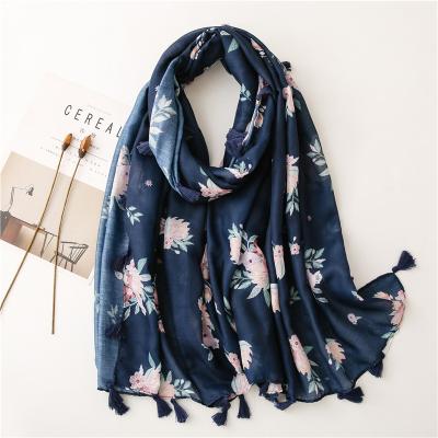 China Factory Wholesale 2021 New Design Solid Color Navy Viscous Printed Flower Main Cotton Women Summer Shawls Scarf Hijabs for sale