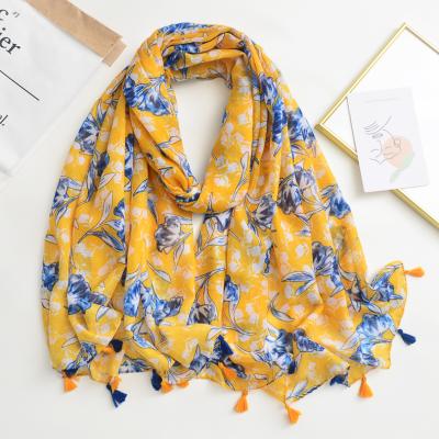 China Manufacturer 2021custom yellow flower ladies cotton multifunctional lightweight scarves long scarf printed women shawl hizab muslims scarf cotton for sale