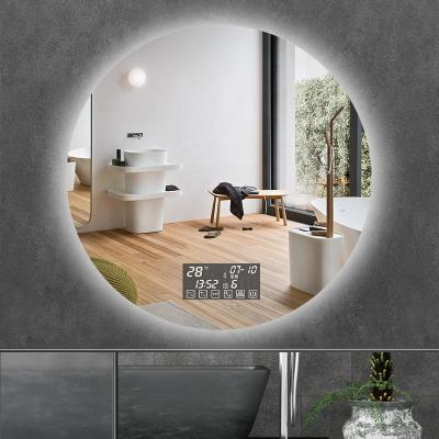 China Bathroom Illuminated Round Led Light White Or White Backlit Smart Mirror With Touch Switch Time-Temperature Fog Light for sale