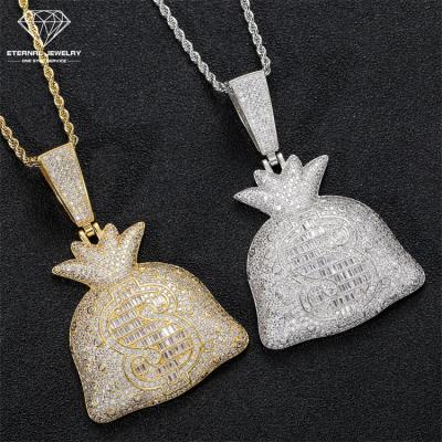 China Romantic Pure White Yellow Dollar Sign Moissanite Diamond Gems Baguettes Silver 9k 10k 14k 18k Gold S925 Hip Hop Pendant Necklace for sale