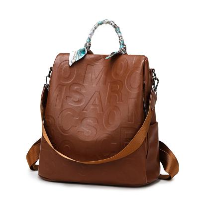 China New Arrival Retro School Backpack Pu Waterproof Leather Bag Letter Women Backpack With Silk Scarfs for sale