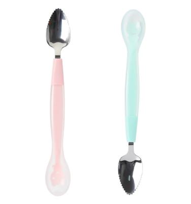 China 304 Stainless Steel Double Headed Baby Food Supplement Silicone Fruit Mud Viable Scraping Digging Spoon Double Headed Spoon for sale