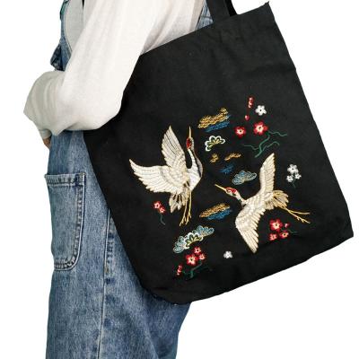 China Fashion Women Designer Reusable Customize Your Logo Full Cotton Canvas Embroidery Handled Top Handbags With Button Inside for sale