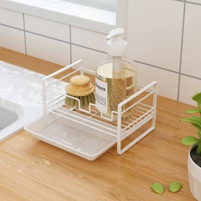 China Bathroom Sink Kitchen Metal Standing Scrubbers Soap Cleaning Brush Sponge Drain Storage Rack Holder Organizer with Water Tray for sale