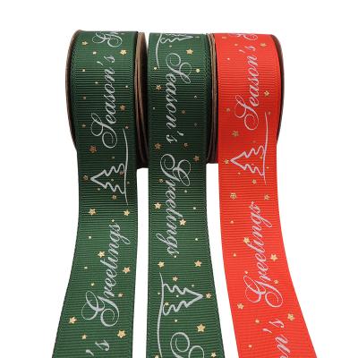 China Wholesale 25mm Double Face Grosgrain Gold Floral Star Printed Merry Christmas Ribbon For Gift Wrapping for sale