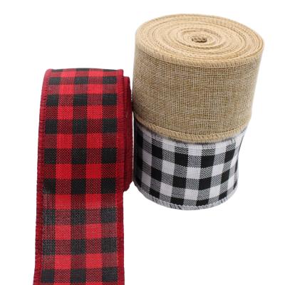 China 50mm Burlap Ribbon Chrismas Custom Made Black and White Plaid Bun Ribbon Buffalo Floral 2.5 inch Burlap Cable Ribbon for sale