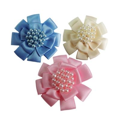 China Wholesale Garment Decorative Flower High Tenacity Handmade Satin Ribbon Flowers With Beads for sale