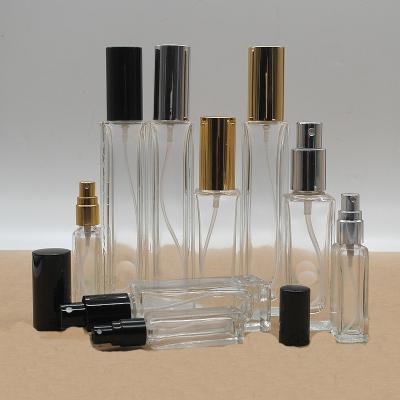 China Spray Cap 30ml 50ml 100ml Rectangle Shape Clear Empty Glass Perfume Bottle With Three Kind Colors Spray Cap for sale