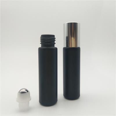 China Sale Deodorant Roll 10ml Matte Black Glass Roll On Bottles With Bright Silver Lid for sale