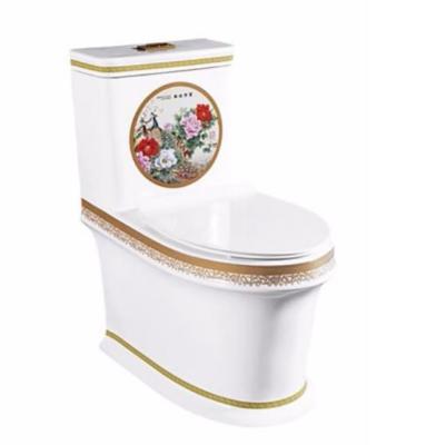 China Sanitary Standard Flush Color Siphonic Double Lavatory Double Flush Ware One Piece Toilet With Flower Pattern for sale