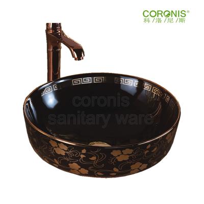 China High Tempreture Sanitayrware Ceramic Bathroom Art Basin India Design Black Gold Color Ceramic Sink for sale