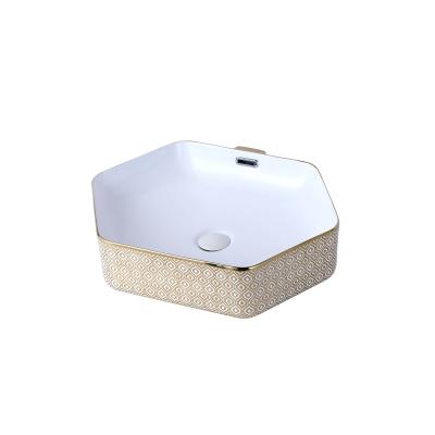 China Outdoor Hexagonal Double-hole Art Basin Bathroom Easy Cleaning Electroplating Sink Above Counter Basin for sale