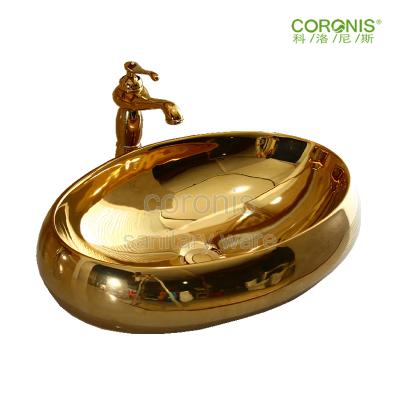 China Easy Installation Counter Top Bathroom Basin Gold Egg Shape Wash Hand Basin for sale