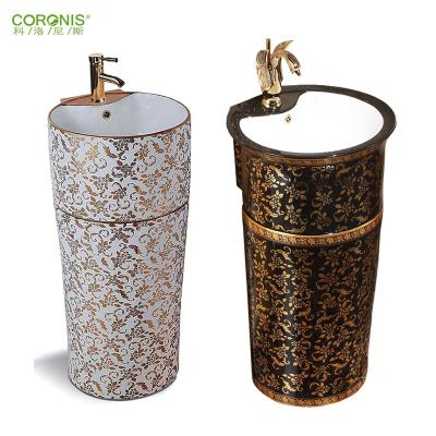 China Chaozhou Coronis Gold Color Pedestal Wash Basin Easy Clean Ceramic Wash Basin With Stand for sale