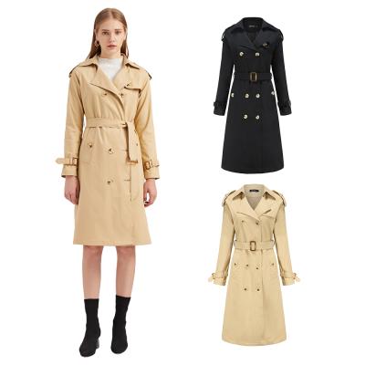 China Viable Hot Selling Black Khaki High Quality Stylish Fashion Long Plus Size Double Breasted Ditch Coat Cotton Women 2021 With Belt for sale