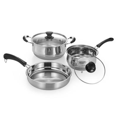 China Sustainable Stainless Steel Kitchen Three Piece Cookware Pot Soup Pot Skillet Large Cookware Gift Set Practical for sale