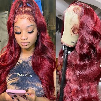 China Body Wave 13X4 99J Burgundy Body Wave Lace Frontal Wig Ombre Highlight Wig Transparent Lace Front Wig Body Wave Wigs Red Colored HD for sale