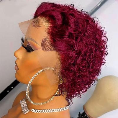 China Short Bob Human Hair Wigs, Glueless Bob Wigs Lace Front Peruvian Pixie, Raw Indian Virgin Pixie Body Wave Short Curly Bob 99J Burgundy for sale