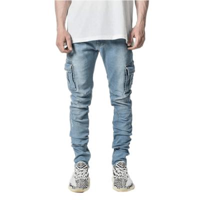 China Carga masculina Jeans magros com bolsos laterais Calças denim secas rápidas à venda